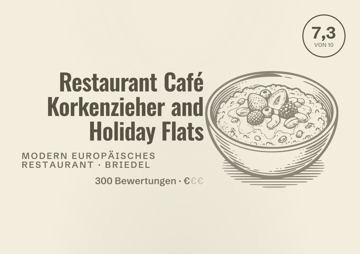 Illustriertes Poster von Restaurant Café Korkenzieher and Holiday Flats, Modern europäisches Restaurant in Briedel: Bewertung 7,3 von 10 aus 300 Bewertungen, Preisniveau €