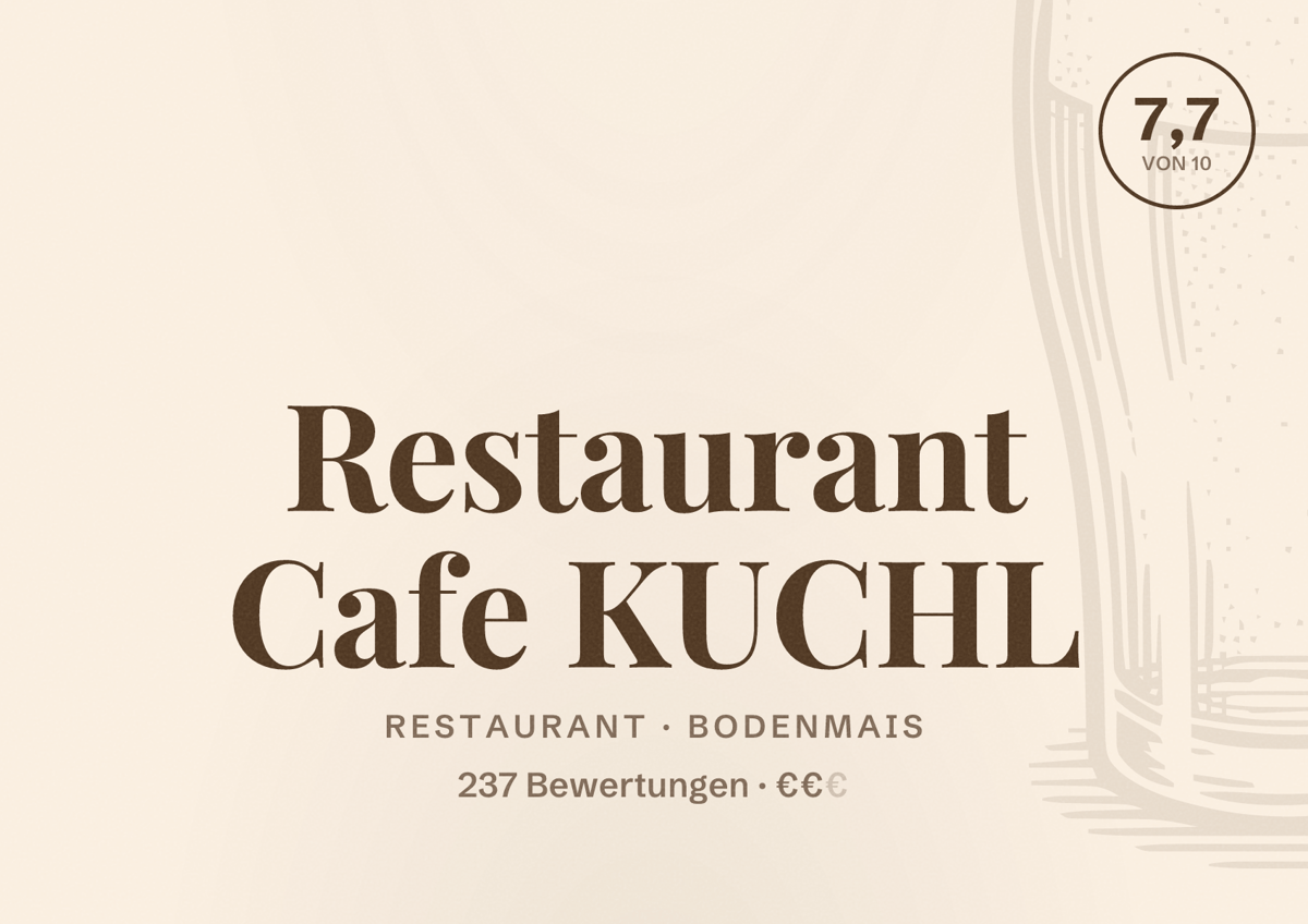 Illustriertes Poster von Restaurant Cafe KUCHL, Restaurant in Bodenmais: Bewertung 7,7 von 10 aus 237 Bewertungen, Preisniveau €€
