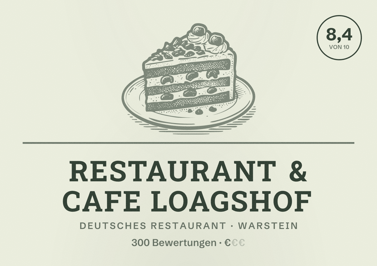 Illustriertes Poster von Restaurant & Cafe Loagshof, Deutsches Restaurant in Warstein: Bewertung 8,4 von 10 aus 300 Bewertungen, Preisniveau €