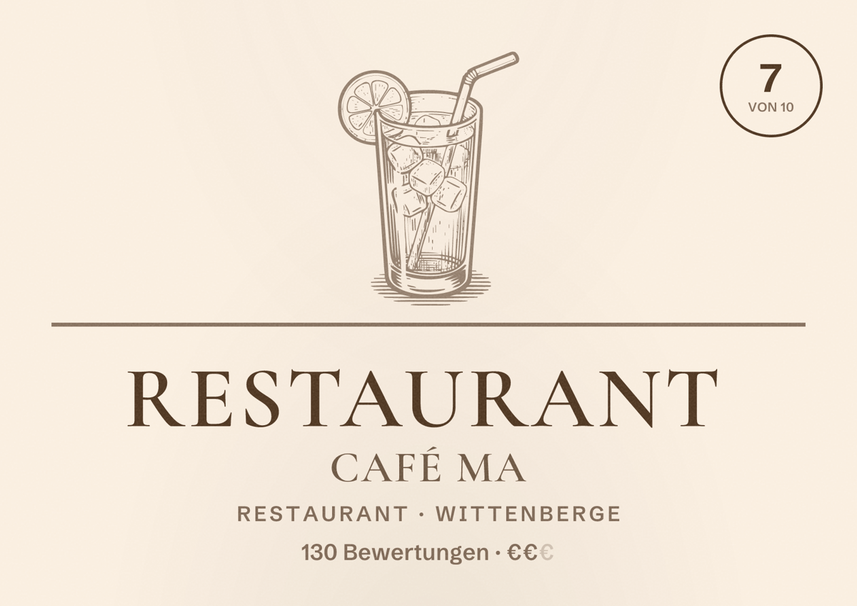Illustriertes Poster von Restaurant Café Ma, Restaurant in Wittenberge: Bewertung 7 von 10 aus 130 Bewertungen, Preisniveau €€