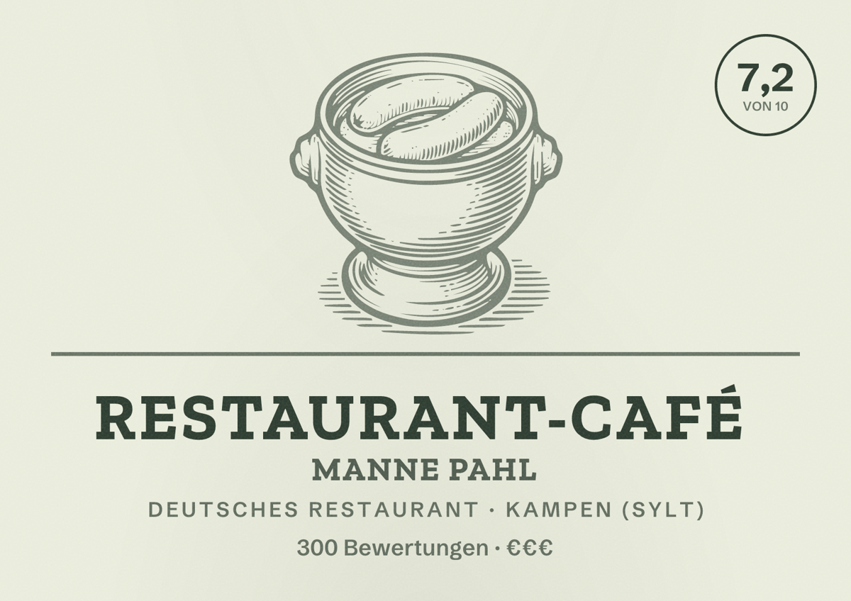 Illustriertes Poster von Restaurant-Café Manne Pahl, Deutsches Restaurant in Kampen (Sylt): Bewertung 7,2 von 10 aus 300 Bewertungen, Preisniveau €€€