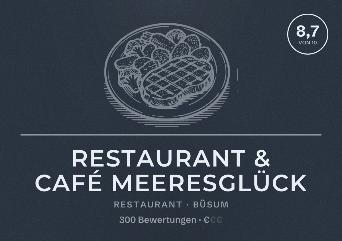 Illustriertes Poster von Restaurant & Café Meeresglück, Restaurant in Büsum: Bewertung 8,7 von 10 aus 300 Bewertungen, Preisniveau €