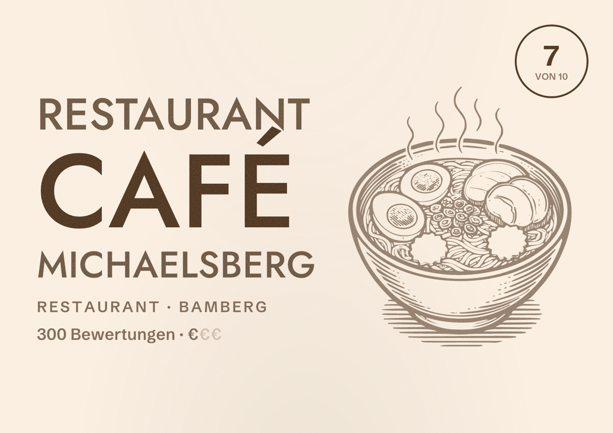 Illustriertes Poster von Restaurant Café Michaelsberg, Restaurant in Bamberg: Bewertung 7 von 10 aus 300 Bewertungen, Preisniveau €