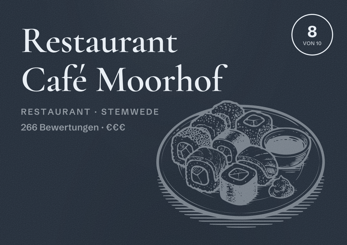 Illustriertes Poster von Restaurant Café Moorhof, Restaurant in Stemwede: Bewertung 8 von 10 aus 266 Bewertungen, Preisniveau €€€