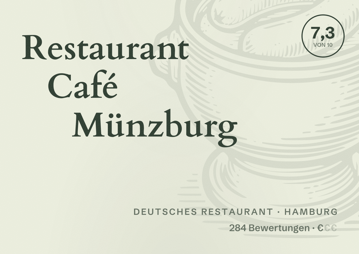 Illustriertes Poster von Restaurant Café Münzburg, Deutsches Restaurant in Hamburg: Bewertung 7,3 von 10 aus 284 Bewertungen, Preisniveau €