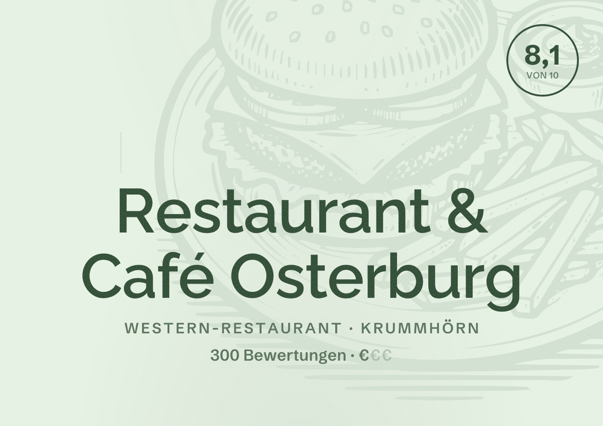 Illustriertes Poster von Restaurant & Café Osterburg, Western-Restaurant in Krummhörn: Bewertung 8,1 von 10 aus 300 Bewertungen, Preisniveau €