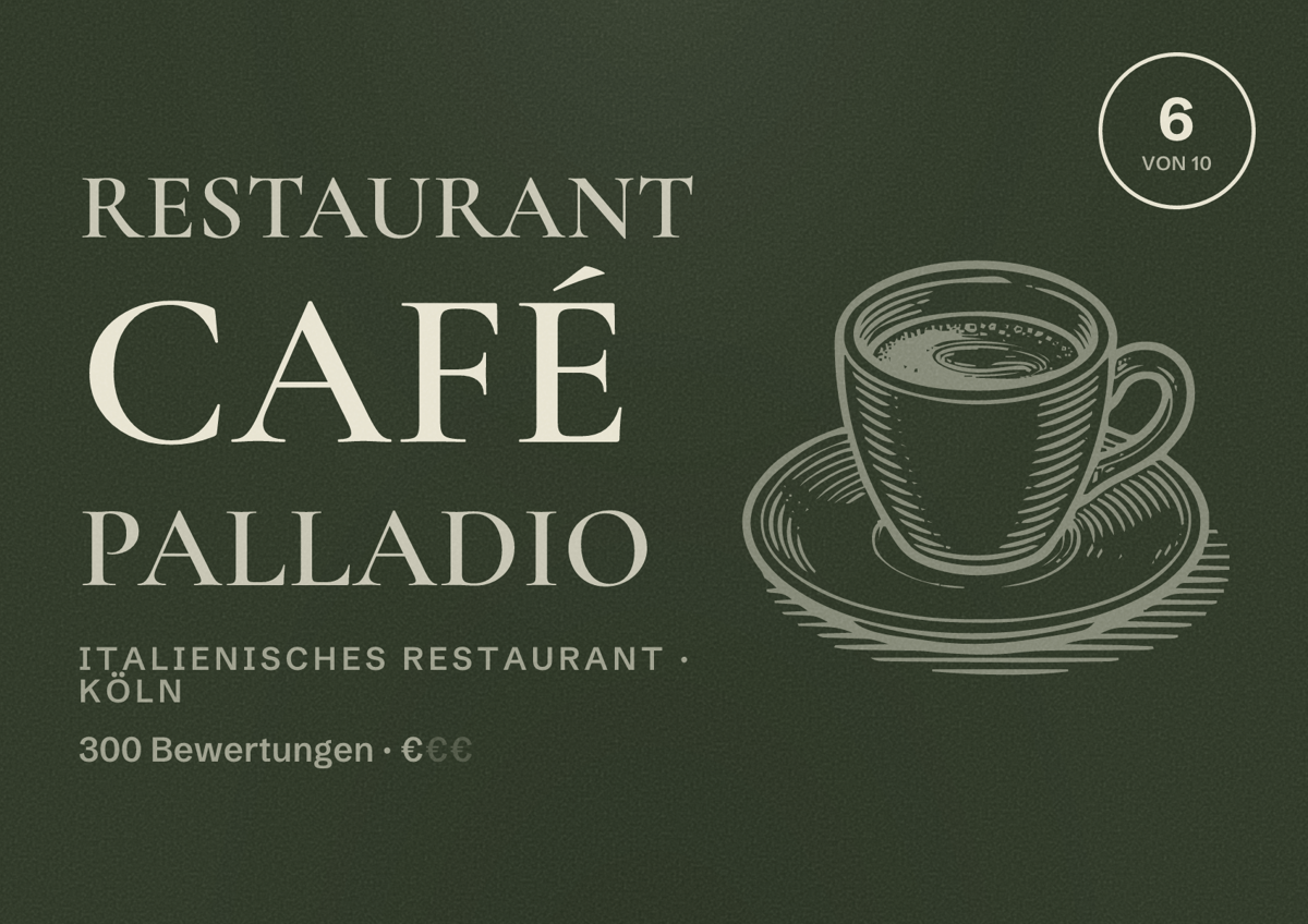 Illustriertes Poster von Restaurant Café Palladio, Italienisches Restaurant in Köln: Bewertung 6,0 von 10 aus 300 Bewertungen, Preisniveau €