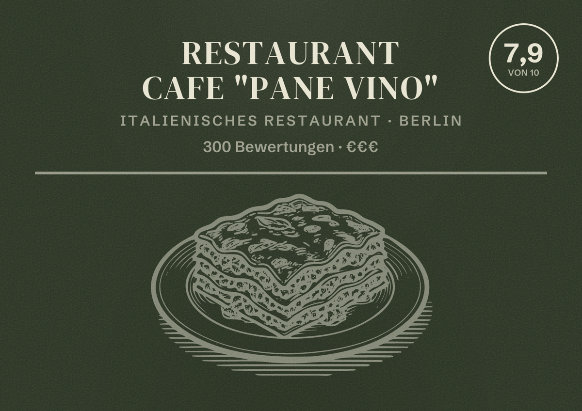 Illustriertes Poster von Restaurant Cafe "Pane Vino", Italienisches Restaurant in Berlin: Bewertung 7,9 von 10 aus 300 Bewertungen, Preisniveau €€€