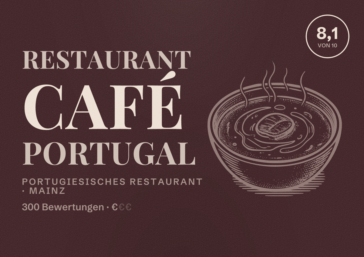 Illustriertes Poster von Restaurant Café Portugal, Portugiesisches Restaurant in Mainz: Bewertung 8,1 von 10 aus 300 Bewertungen, Preisniveau €