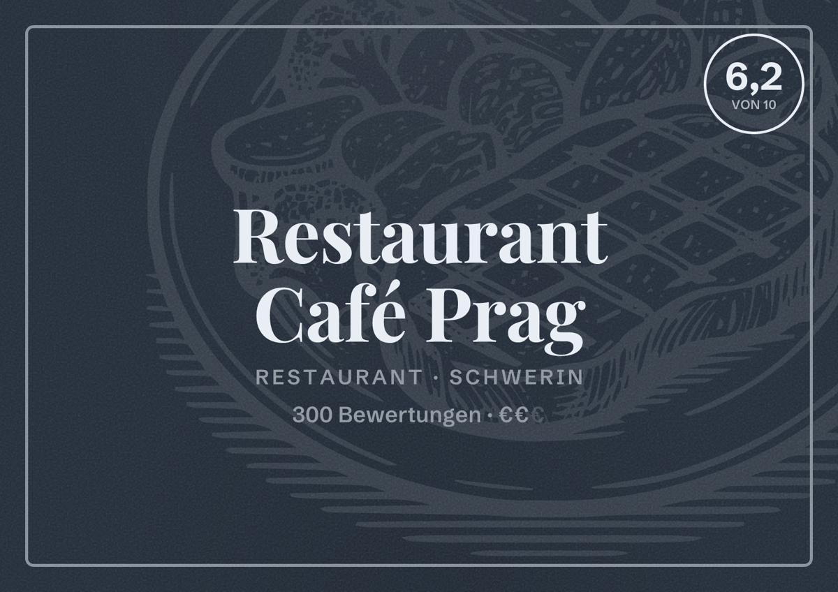 Illustriertes Poster von Restaurant Café Prag, Restaurant in Schwerin: Bewertung 6,2 von 10 aus 300 Bewertungen, Preisniveau €€