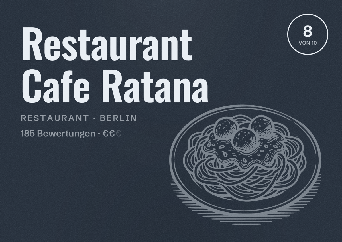 Illustriertes Poster von Restaurant Cafe Ratana, Restaurant in Berlin: Bewertung 8,0 von 10 aus 185 Bewertungen, Preisniveau €€