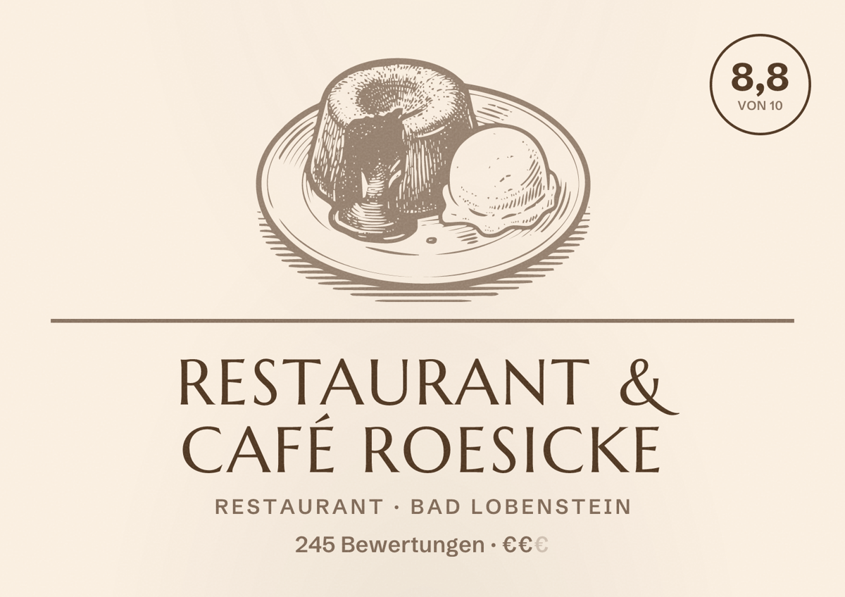 Illustriertes Poster von Restaurant & Café Roesicke, Restaurant in Bad Lobenstein: Bewertung 8,8 von 10 aus 245 Bewertungen, Preisniveau €€