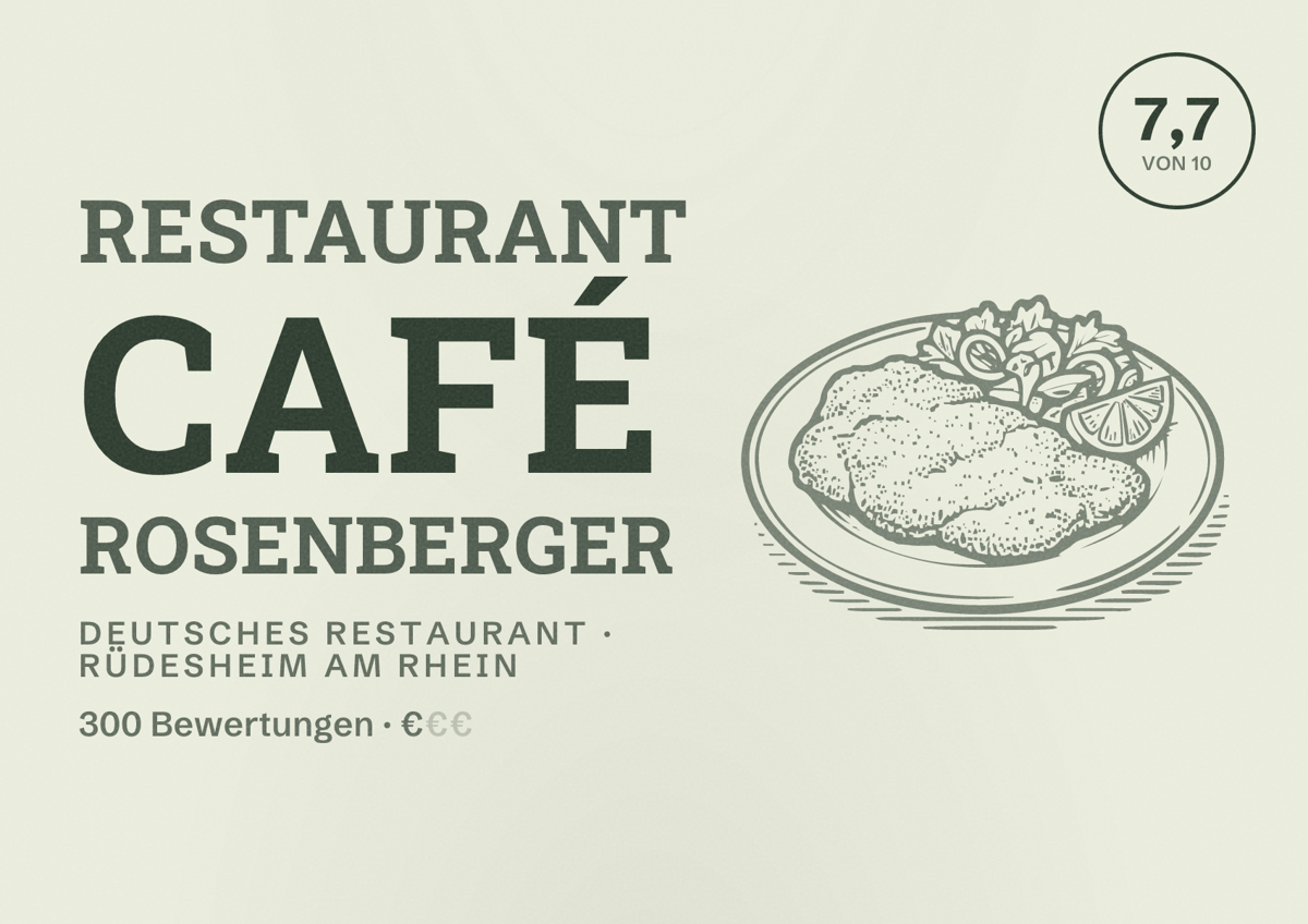 Illustriertes Poster von Restaurant Café Rosenberger, Deutsches Restaurant in Rüdesheim am Rhein: Bewertung 7,7 von 10 aus 300 Bewertungen, Preisniveau €
