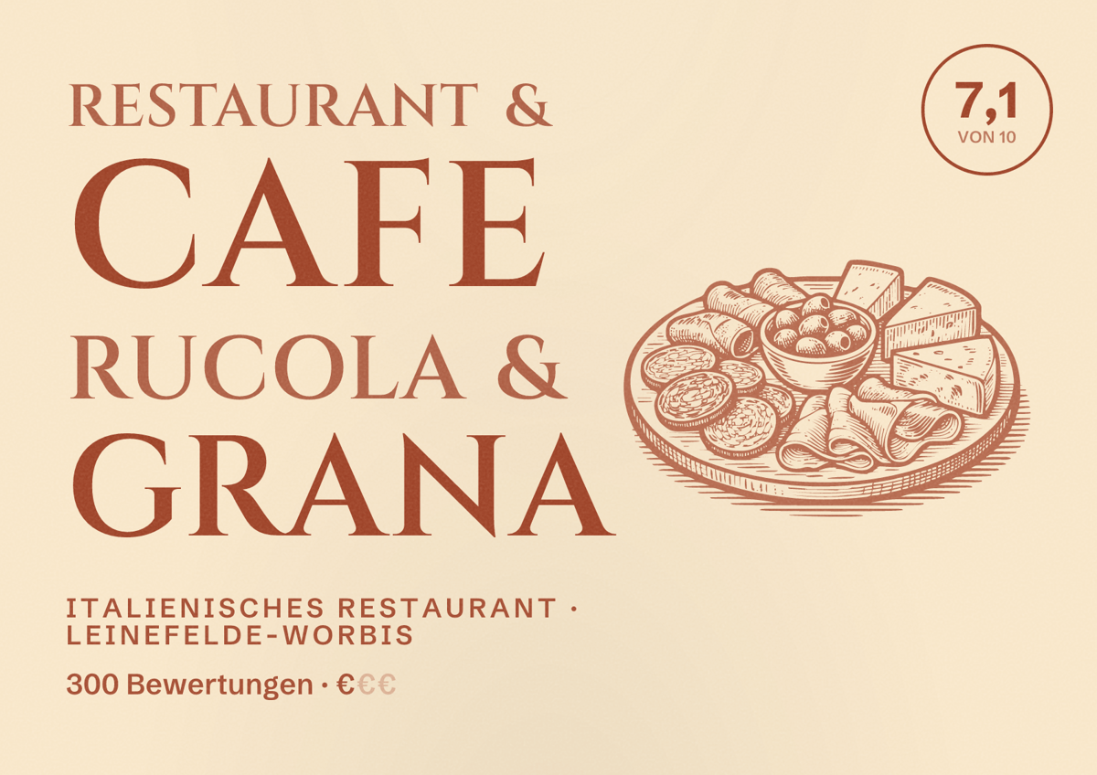 Illustriertes Poster von Restaurant & Cafe Rucola & Grana, Italienisches Restaurant in Leinefelde-Worbis: Bewertung 7,1 von 10 aus 300 Bewertungen, Preisniveau €