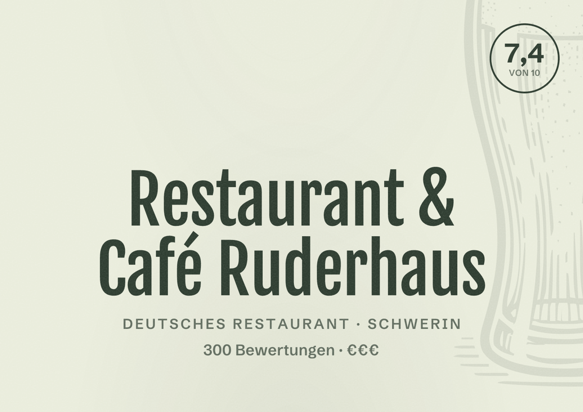 Illustriertes Poster von Restaurant & Café Ruderhaus, Deutsches Restaurant in Schwerin: Bewertung 7,4 von 10 aus 300 Bewertungen, Preisniveau €€€