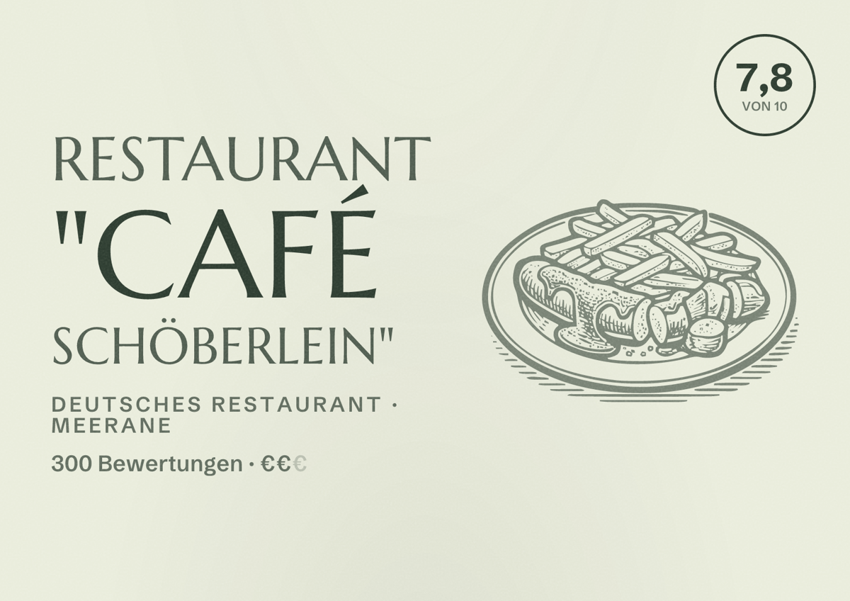 Illustriertes Poster von RESTAURANT "Café Schöberlein", Deutsches Restaurant in Meerane: Bewertung 7,8 von 10 aus 300 Bewertungen, Preisniveau €€
