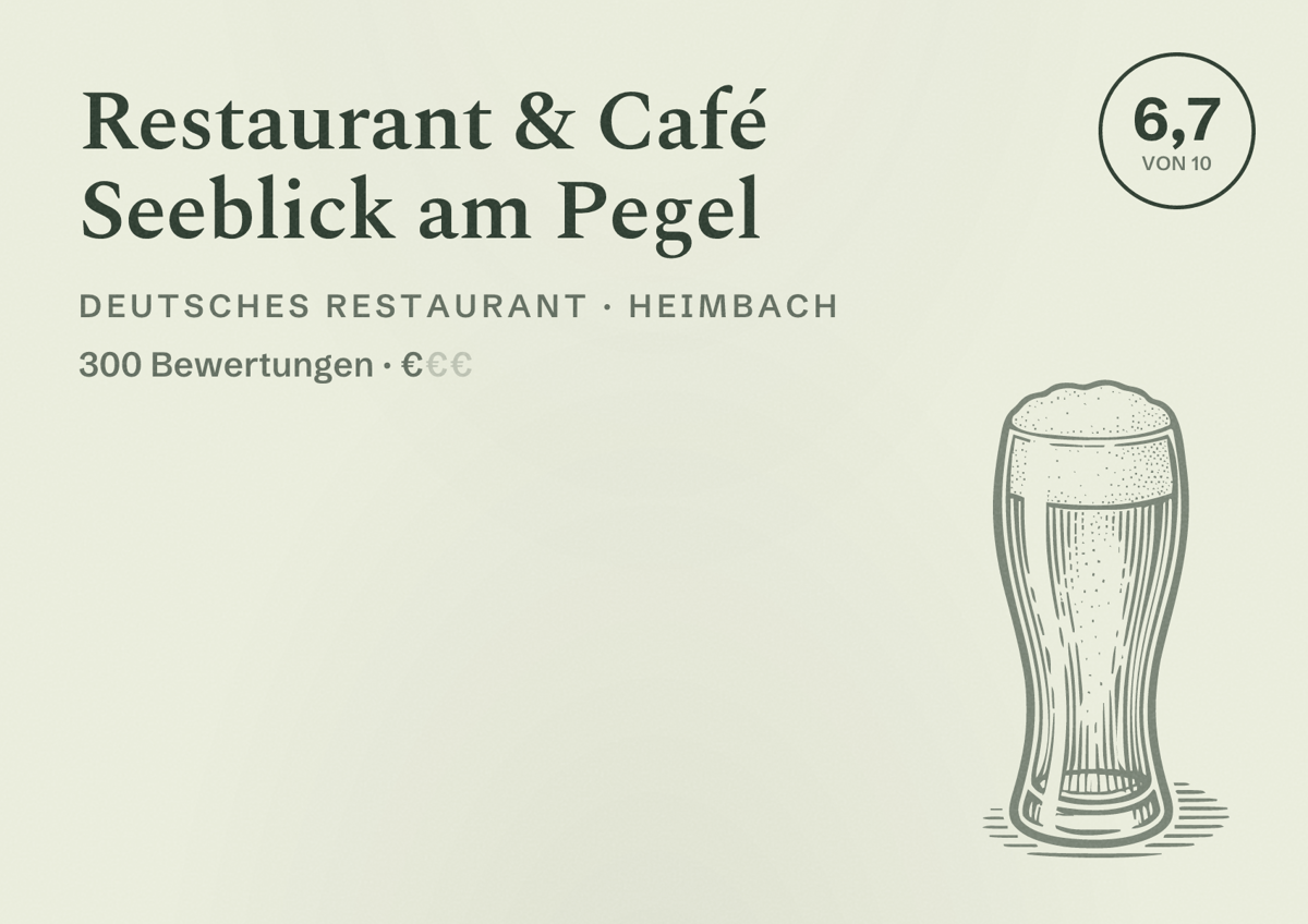 Illustriertes Poster von Restaurant & Café Seeblick am Pegel, Deutsches Restaurant in Heimbach: Bewertung 6,7 von 10 aus 300 Bewertungen, Preisniveau €