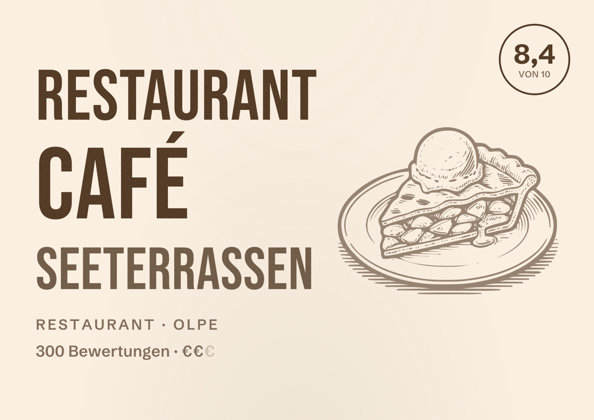 Illustriertes Poster von Restaurant Café Seeterrassen, Restaurant in Olpe: Bewertung 8,4 von 10 aus 300 Bewertungen, Preisniveau €€