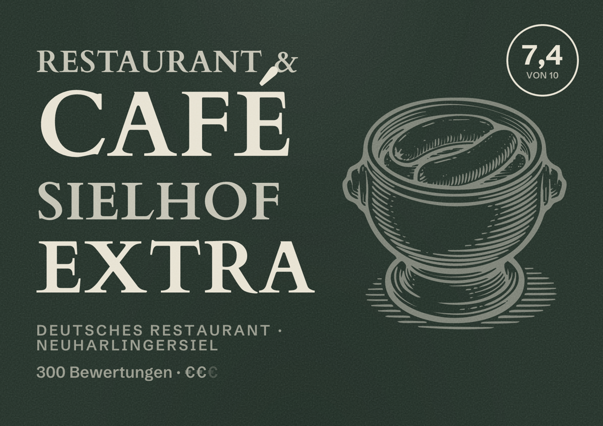 Illustriertes Poster von Restaurant & Café Sielhof Extra, Deutsches Restaurant in Neuharlingersiel: Bewertung 7,4 von 10 aus 300 Bewertungen, Preisniveau €€