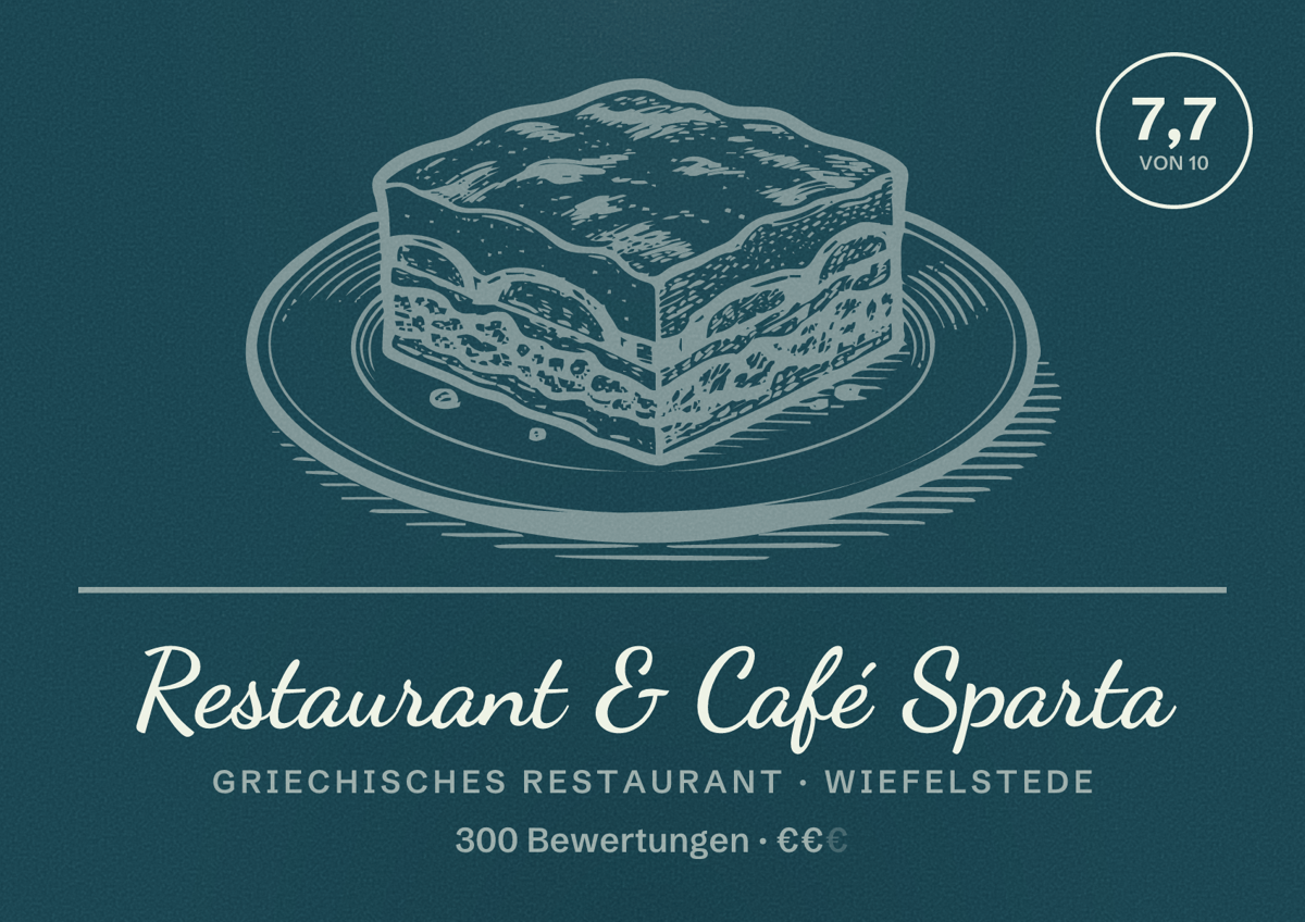 Illustriertes Poster von Restaurant & Café Sparta, Griechisches Restaurant in Wiefelstede: Bewertung 7,7 von 10 aus 300 Bewertungen, Preisniveau €€