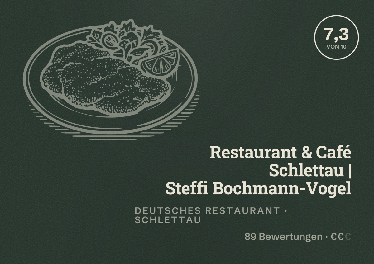 Illustriertes Poster von Restaurant & Café Schlettau | Steffi Bochmann-Vogel, Deutsches Restaurant in Schlettau: Bewertung 7,3 von 10 aus 89 Bewertungen, Preisniveau €€