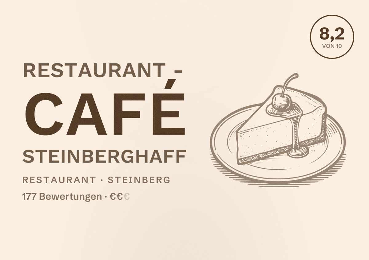 Illustriertes Poster von Restaurant - Café Steinberghaff, Restaurant in Steinberg: Bewertung 8,2 von 10 aus 177 Bewertungen, Preisniveau €€