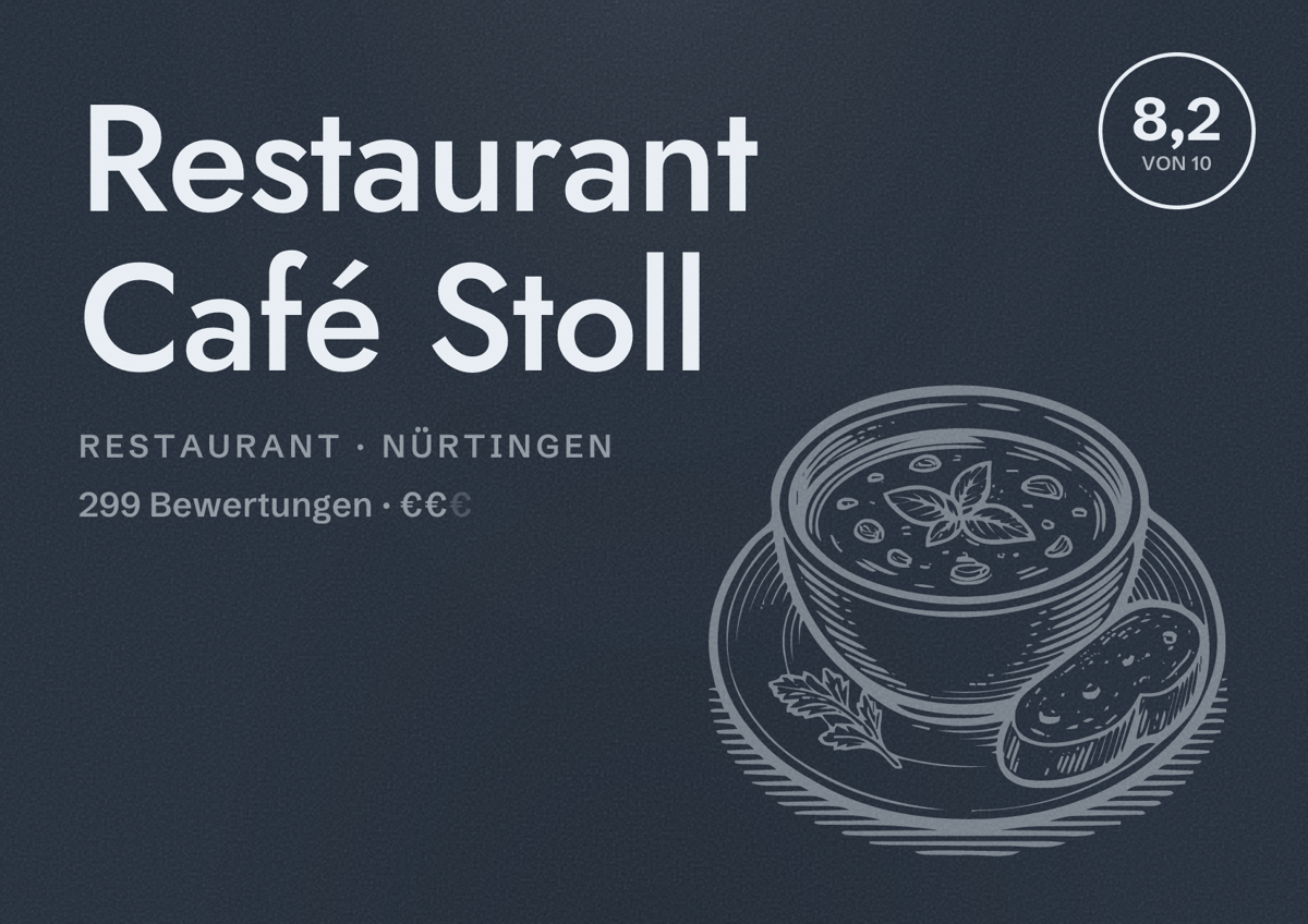 Illustriertes Poster von Restaurant Café Stoll, Restaurant in Nürtingen: Bewertung 8,2 von 10 aus 299 Bewertungen, Preisniveau €€