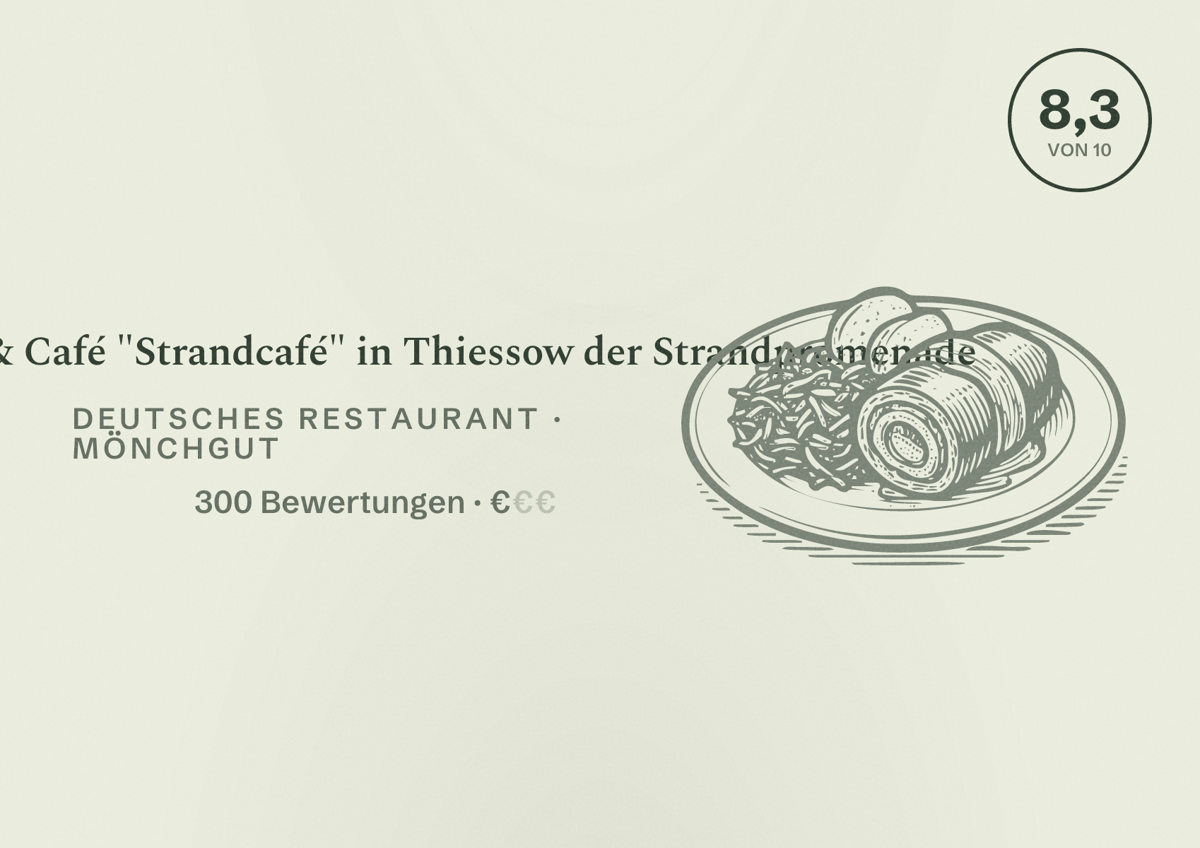 Illustriertes Poster von Restaurant & Café "Strandcafé" in Thiessow der Strandpromenade, Deutsches Restaurant in Mönchgut: Bewertung 8,3 von 10 aus 300 Bewertungen, Preisniveau €