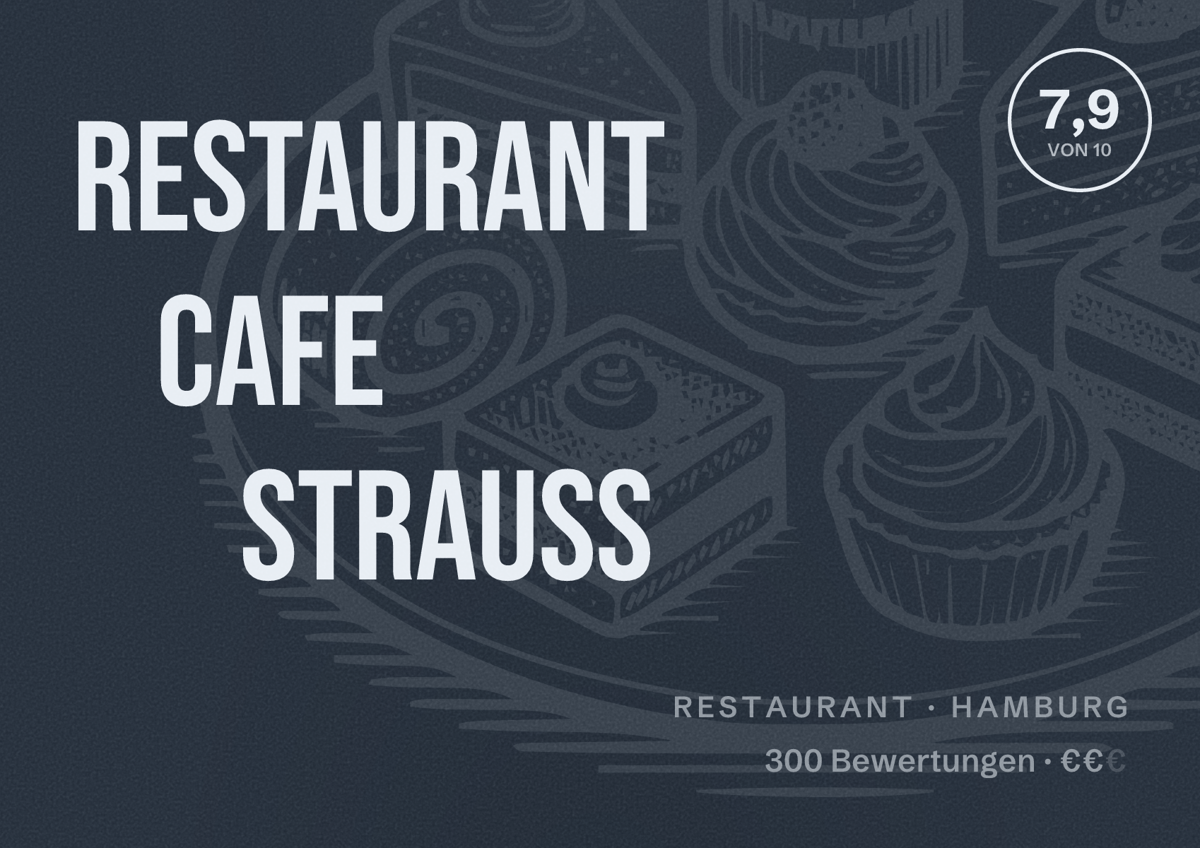 Illustriertes Poster von Restaurant Cafe Strauss, Restaurant in Hamburg: Bewertung 7,9 von 10 aus 300 Bewertungen, Preisniveau €€