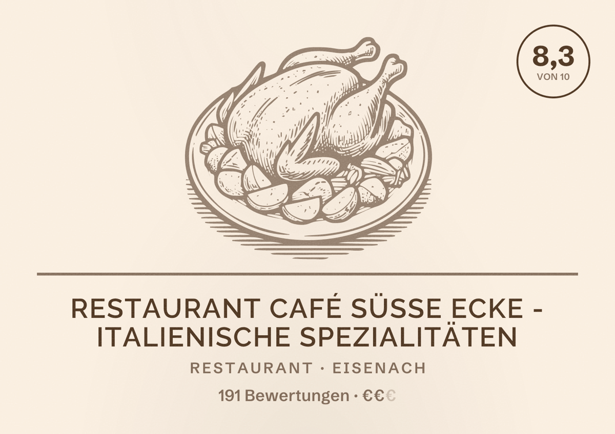 Illustriertes Poster von Restaurant Café Süße Ecke - italienische Spezialitäten, Restaurant in Eisenach: Bewertung 8,3 von 10 aus 191 Bewertungen, Preisniveau €€