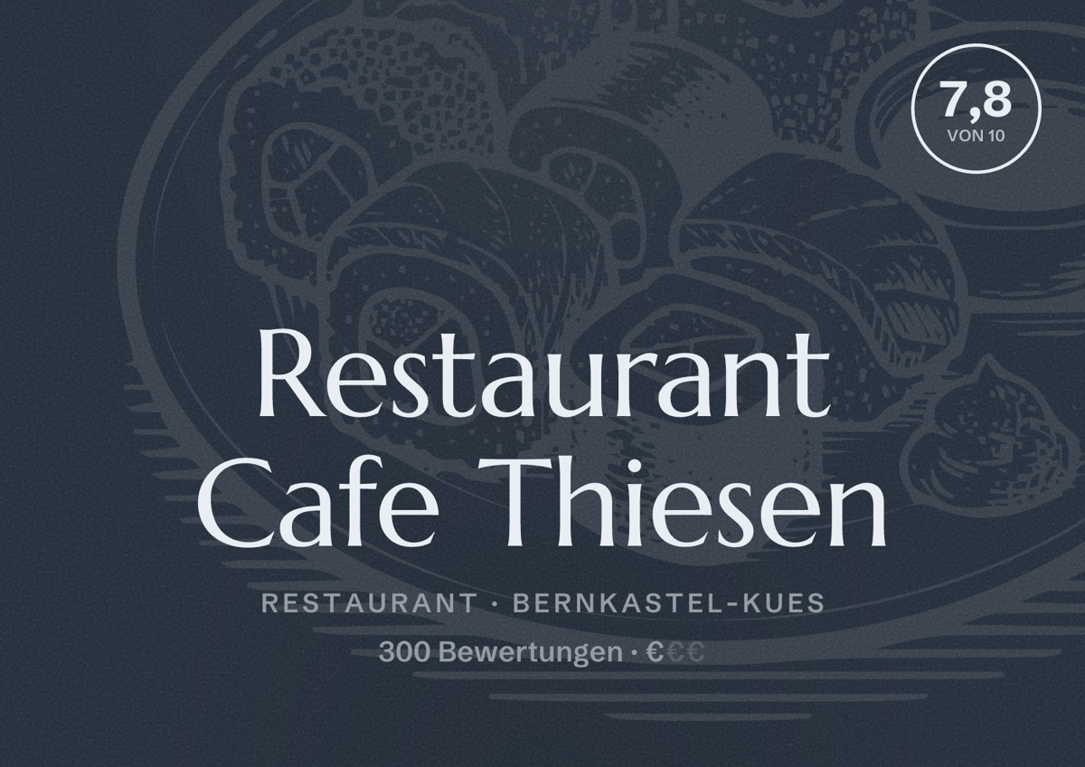 Illustriertes Poster von Restaurant Cafe Thiesen, Restaurant in Bernkastel-Kues: Bewertung 7,8 von 10 aus 300 Bewertungen, Preisniveau €