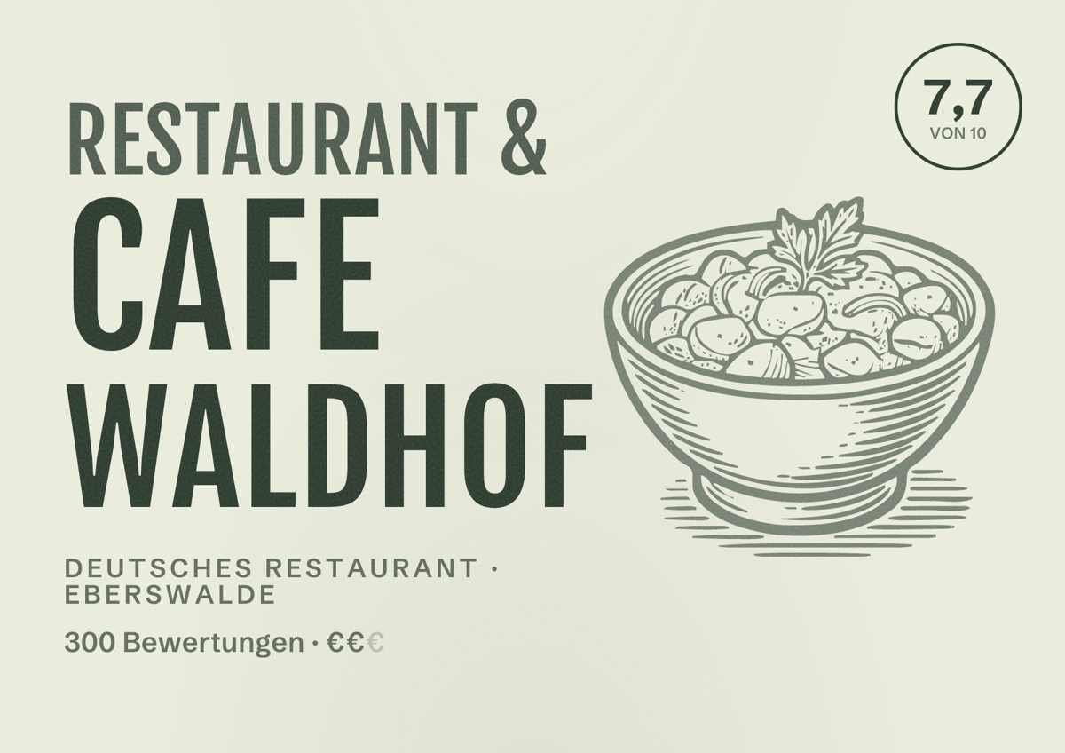 Illustriertes Poster von Restaurant & Cafe Waldhof, Deutsches Restaurant in Eberswalde: Bewertung 7,7 von 10 aus 300 Bewertungen, Preisniveau €€