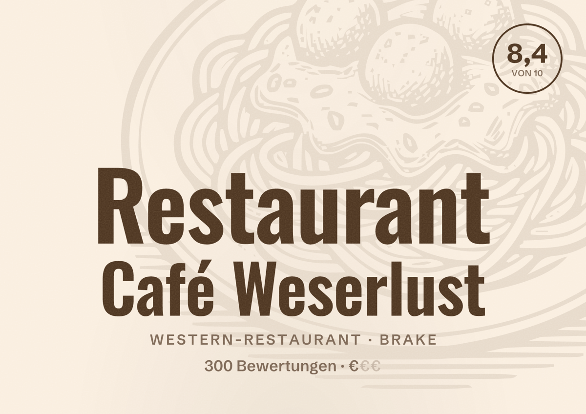 Illustriertes Poster von Restaurant Café Weserlust, Western-Restaurant in Brake: Bewertung 8,4 von 10 aus 300 Bewertungen, Preisniveau €