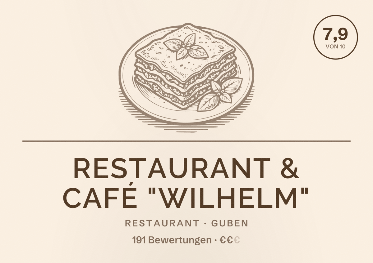 Illustriertes Poster von Restaurant & Café "Wilhelm", Restaurant in Guben: Bewertung 7,9 von 10 aus 191 Bewertungen, Preisniveau €€