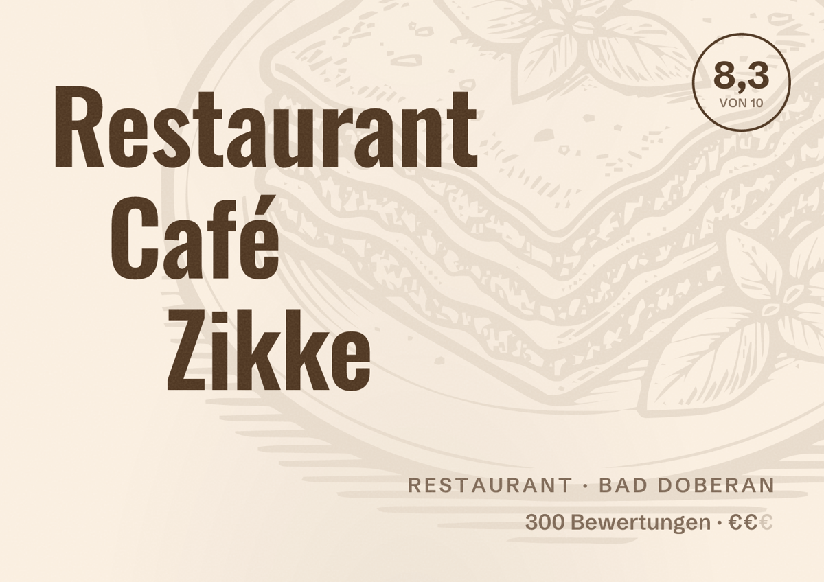 Illustriertes Poster von Restaurant Café Zikke, Restaurant in Bad Doberan: Bewertung 8,3 von 10 aus 300 Bewertungen, Preisniveau €€