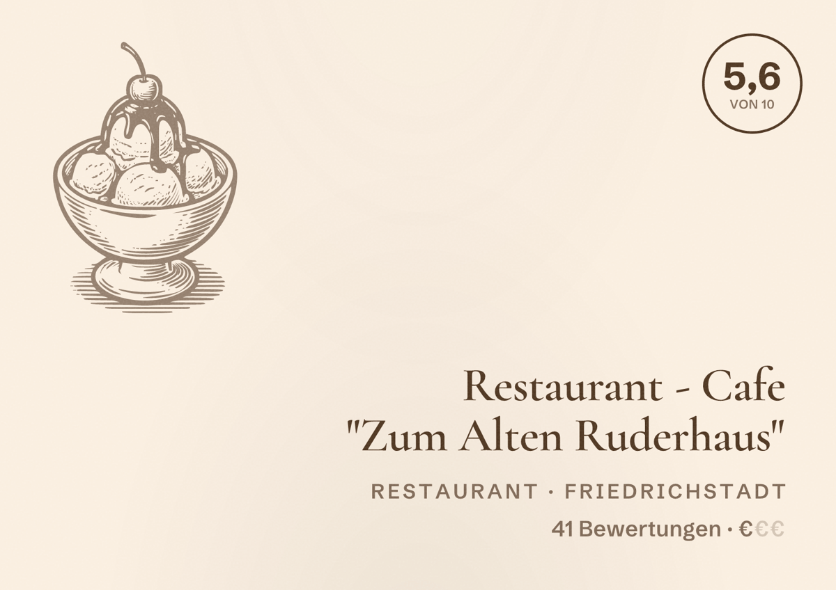 Illustriertes Poster von Restaurant - Cafe "Zum Alten Ruderhaus", Restaurant in Friedrichstadt: Bewertung 5,6 von 10 aus 41 Bewertungen, Preisniveau €