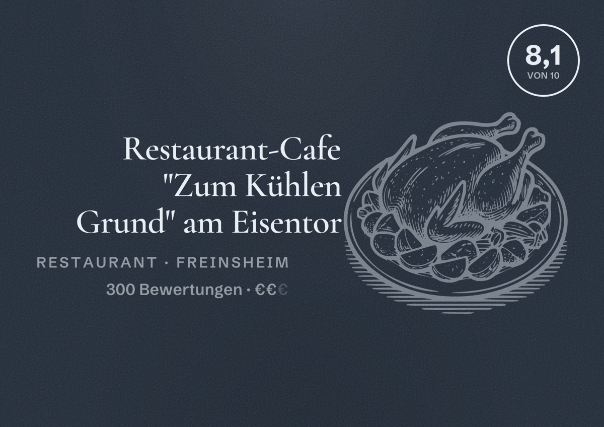 Illustriertes Poster von Restaurant-Cafe "Zum Kühlen Grund" am Eisentor, Restaurant in Freinsheim: Bewertung 8,1 von 10 aus 300 Bewertungen, Preisniveau €€