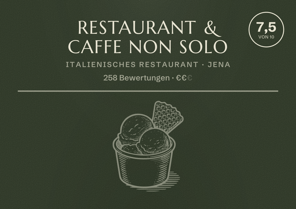 Illustriertes Poster von Restaurant & Caffe Non Solo, Italienisches Restaurant in Jena: Bewertung 7,5 von 10 aus 258 Bewertungen, Preisniveau €€