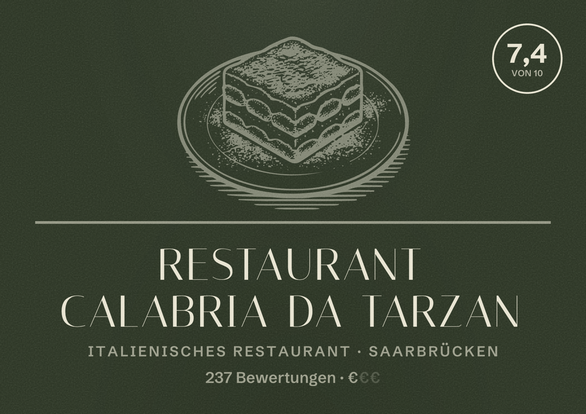 Illustriertes Poster von Restaurant Calabria Da Tarzan, Italienisches Restaurant in Saarbrücken: Bewertung 7,4 von 10 aus 237 Bewertungen, Preisniveau €