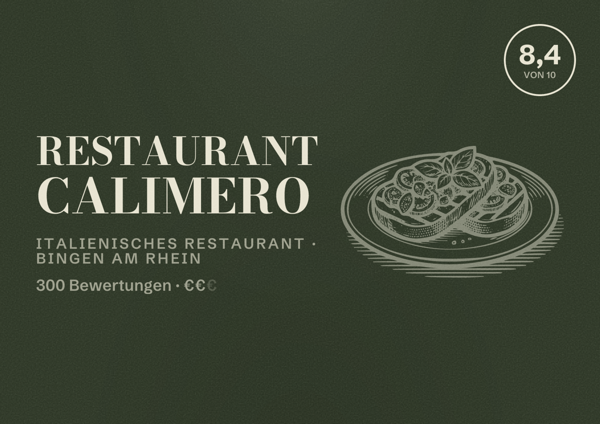 Illustriertes Poster von Restaurant Calimero, Italienisches Restaurant in Bingen am Rhein: Bewertung 8,4 von 10 aus 300 Bewertungen, Preisniveau €€