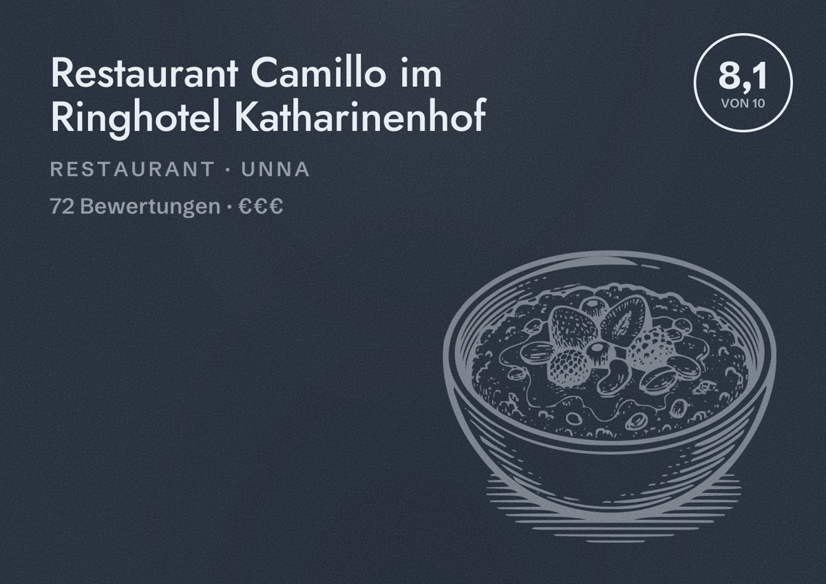 Illustriertes Poster von Restaurant Camillo im Ringhotel Katharinenhof, Restaurant in Unna: Bewertung 8,1 von 10 aus 72 Bewertungen, Preisniveau €€€