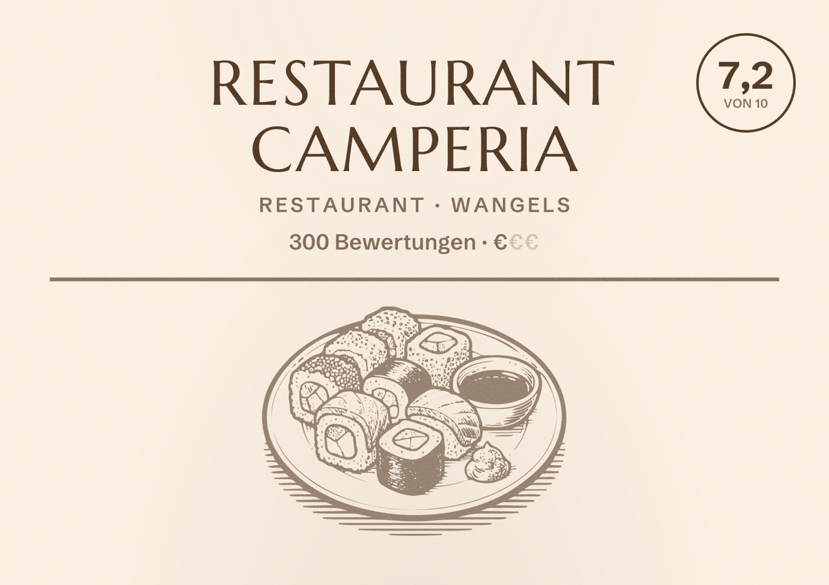 Illustriertes Poster von Restaurant Camperia, Restaurant in Wangels: Bewertung 7,2 von 10 aus 300 Bewertungen, Preisniveau €