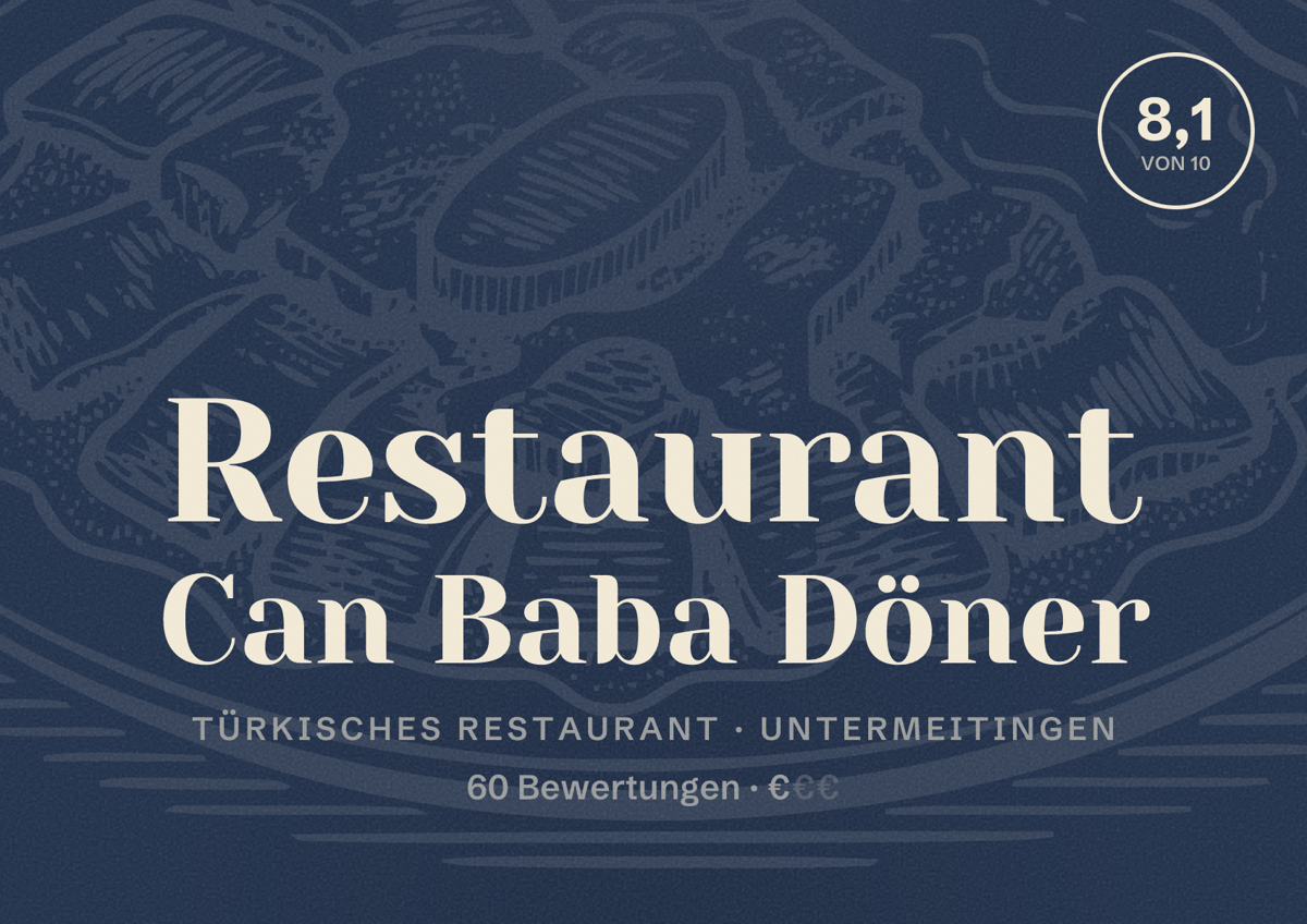 Illustriertes Poster von Restaurant Can Baba Döner, Türkisches Restaurant in Untermeitingen: Bewertung 8,1 von 10 aus 60 Bewertungen, Preisniveau €