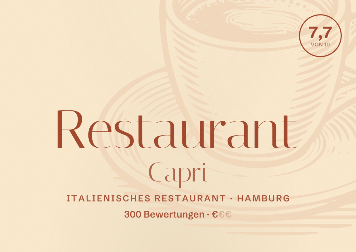 Illustriertes Poster von Restaurant Capri, Italienisches Restaurant in Hamburg: Bewertung 7,7 von 10 aus 300 Bewertungen, Preisniveau €
