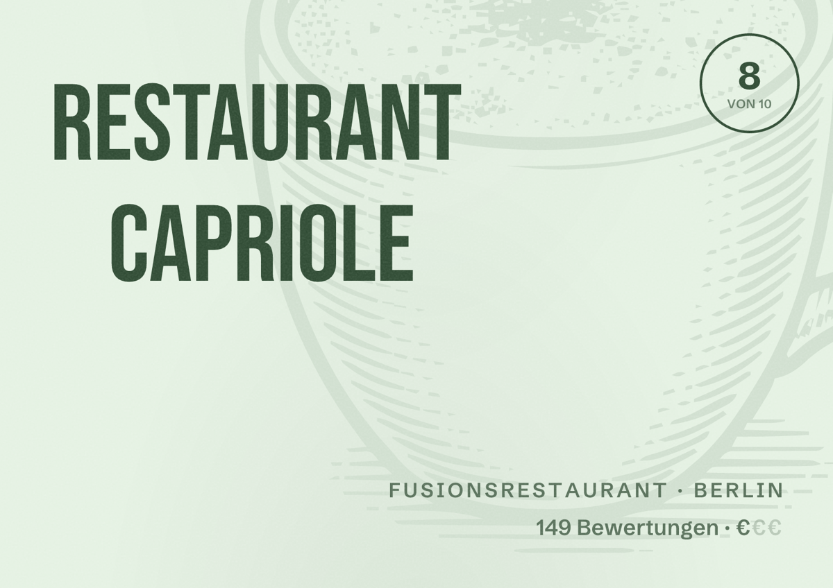 Illustriertes Poster von Restaurant Capriole, Fusionsrestaurant in Berlin: Bewertung 8,0 von 10 aus 149 Bewertungen, Preisniveau €