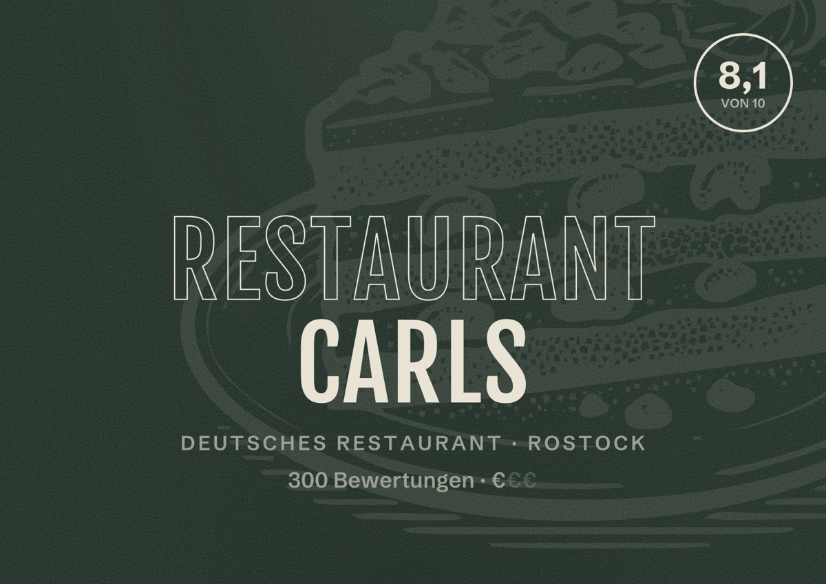 Illustriertes Poster von Restaurant Carls, Deutsches Restaurant in Rostock: Bewertung 8,1 von 10 aus 300 Bewertungen, Preisniveau €