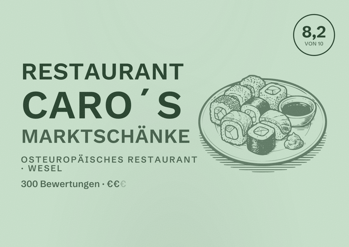 Illustriertes Poster von Restaurant Caro´s Marktschänke, Osteuropäisches Restaurant in Wesel: Bewertung 8,2 von 10 aus 300 Bewertungen, Preisniveau €€