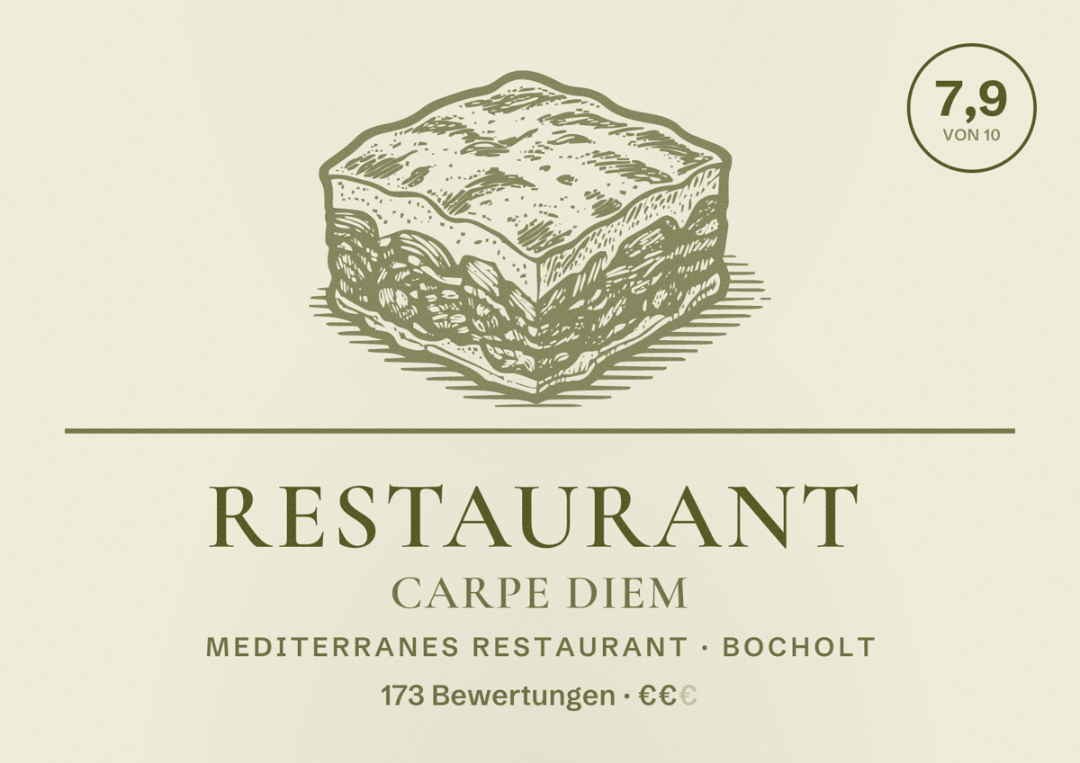 Illustriertes Poster von Restaurant Carpe diem, Mediterranes Restaurant in Bocholt: Bewertung 7,9 von 10 aus 173 Bewertungen, Preisniveau €€