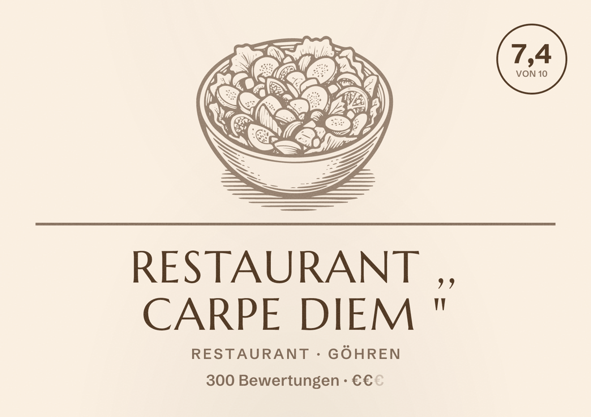 Illustriertes Poster von Restaurant ,, Carpe Diem ", Restaurant in Göhren: Bewertung 7,4 von 10 aus 300 Bewertungen, Preisniveau €€