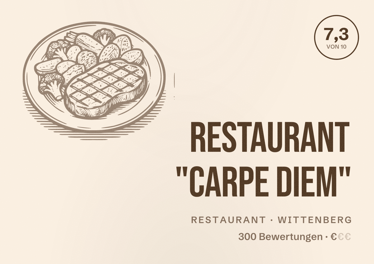Illustriertes Poster von Restaurant "Carpe Diem", Restaurant in Wittenberg: Bewertung 7,3 von 10 aus 300 Bewertungen, Preisniveau €